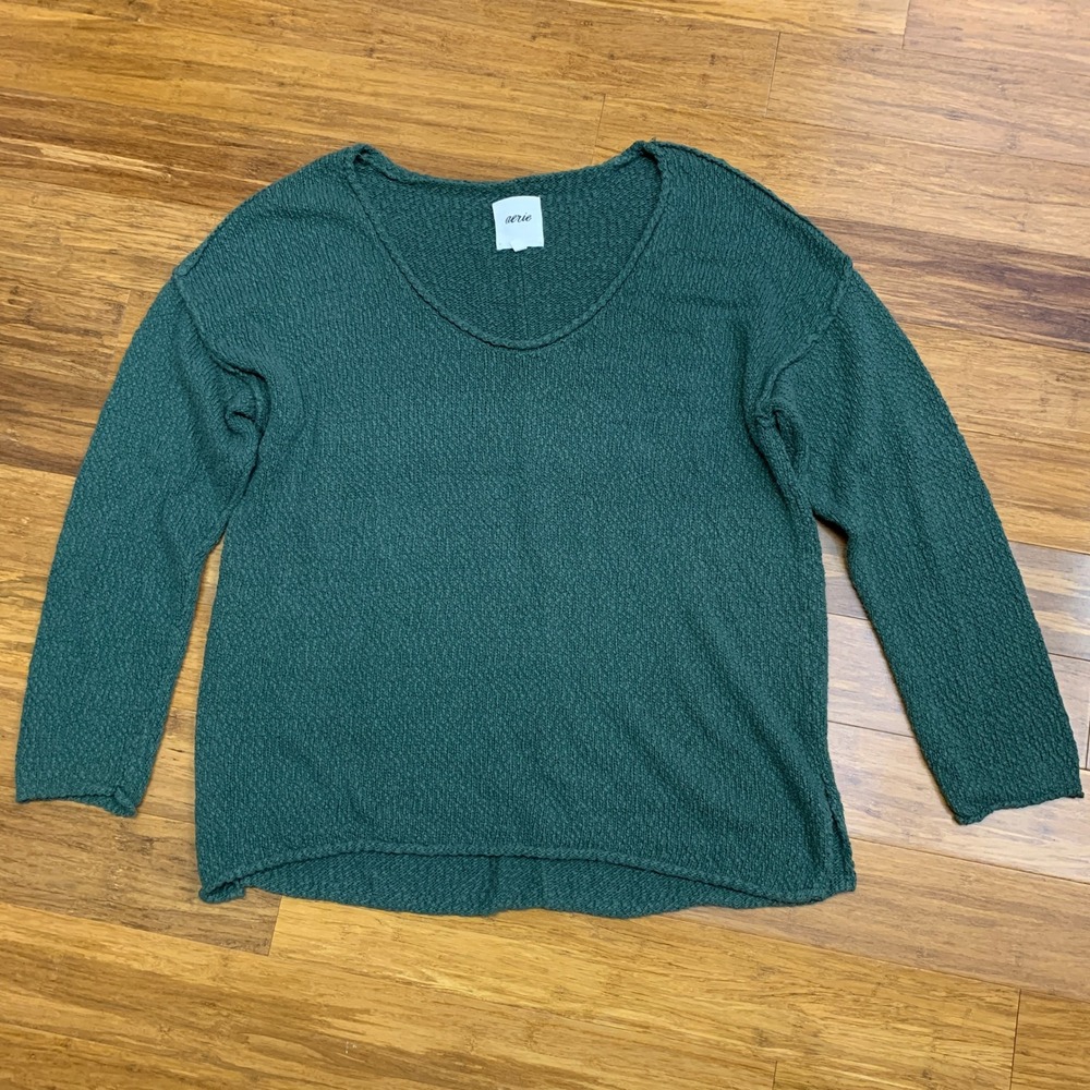 Aerie Green Textured V Neck Long Sleeve Sweater‎ Womens Size Medium Comfy Casual
